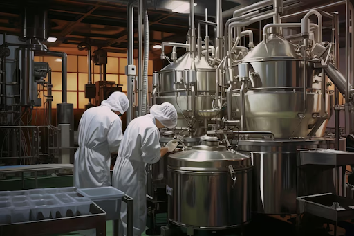 Pharmaceutical factory where workers perform various processes