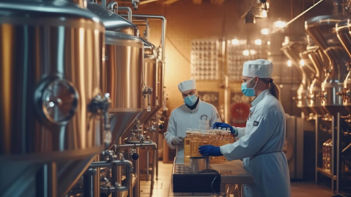 Staff wearing face mask and uniform working in beer bottles and kegs