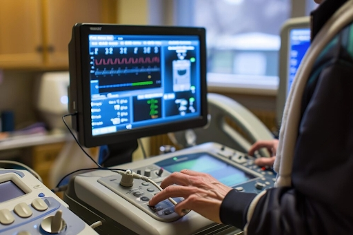 A person skillfully operates a machine in a room filled with industrial equipment Portable ultrasound device